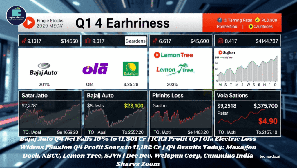 Bajaj Auto Q4 Net Falls 10% to ₹1,801 Cr | ICRA Profit Up | Ola Electric Loss Widens | Suzlon Q4 Profit Soars to ₹1,182 Cr | Q4 Results Today: Mazagon Dock, NBCC, Lemon Tree, SJVN | Dee Dev, Welspun Corp, Cummins India Shares Zoom